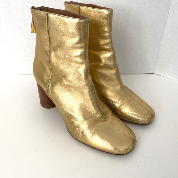 Sandro Sacha Ankle Boot Gold Leather Block Heel Round Toe Back Zip 40 9.5 - Picture 2 of 12